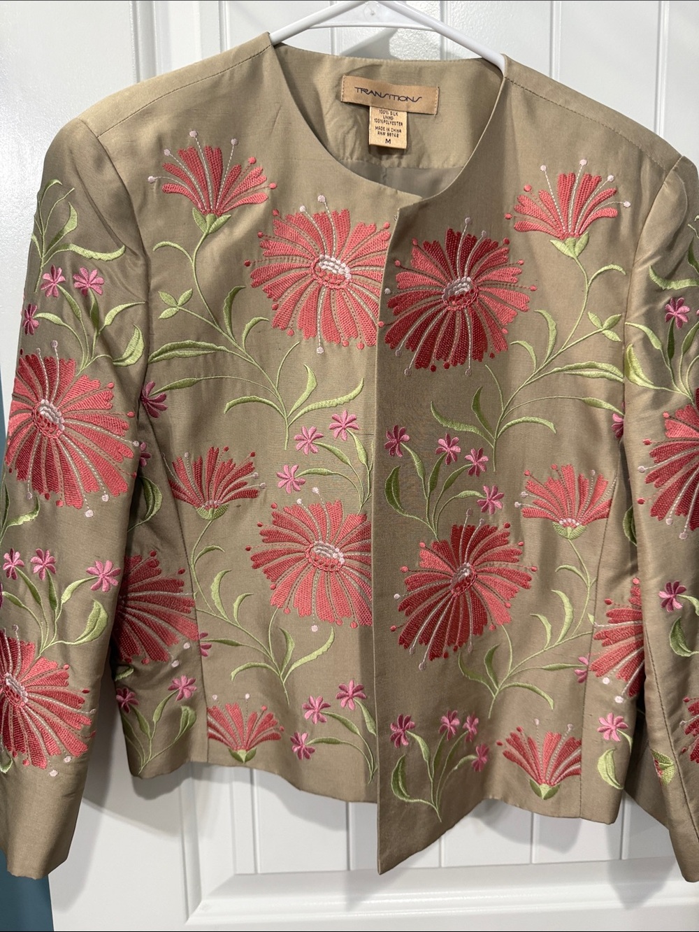 Tranquility Taupe Floral Embroidered Jacket - Pink & Red Flowers